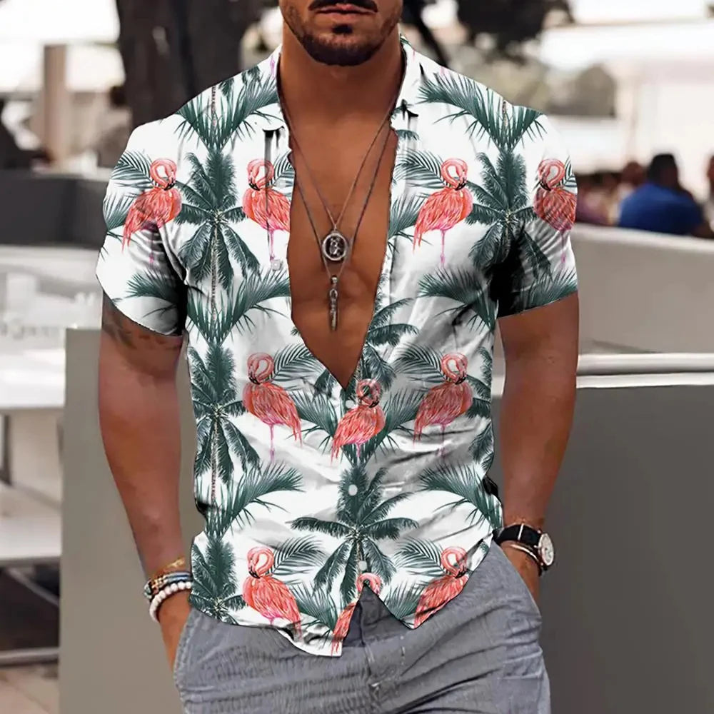 Men Hawaiian Shirt Coconut Tree Print Aloha Shirt Collar Button Short Sleeve Male Clothes Beach Casual Vacation Blouse Tops