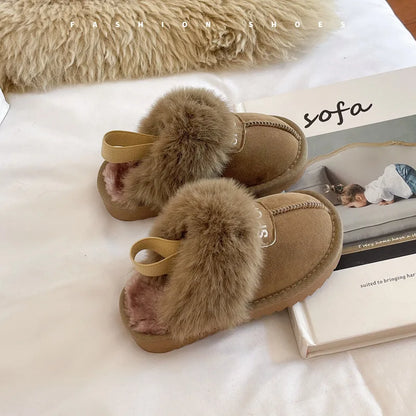 Winter Kids Fur Slippers Korean Elastic Band Girls Cotton Shoes