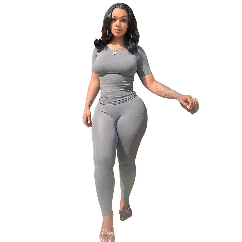 Lounge Wear Ribbed Casual 2 Piece Summer Shorts Set For Women  Sleeve Top+Elastic Leggings Outfits