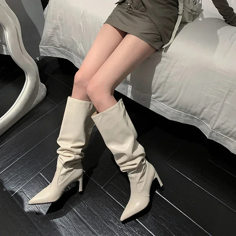 JOZHAMTA Size 34-43 Knee Boots For Women Real Leather Thick High Heels Winter Shoes Fall Fashion 2025