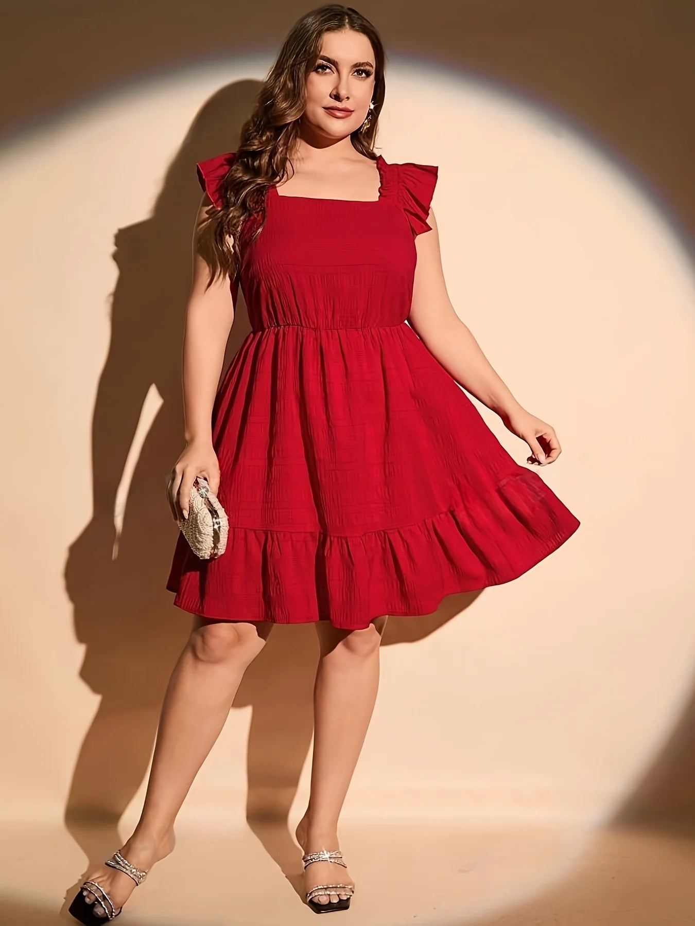 Plus Size Summer Women Elegant Dress Casual Vacation Vintage Solid Square Collar Ruffle Dresses