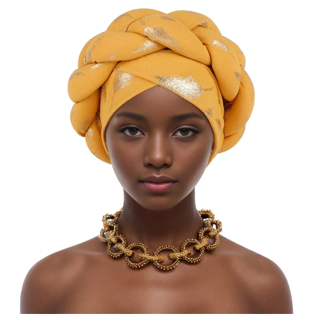 Muslim Headscarf Bonnet Turbante mujer Feather Gold Stamping Braids Turban Cap for Women Fashion African Lady Head Wraps