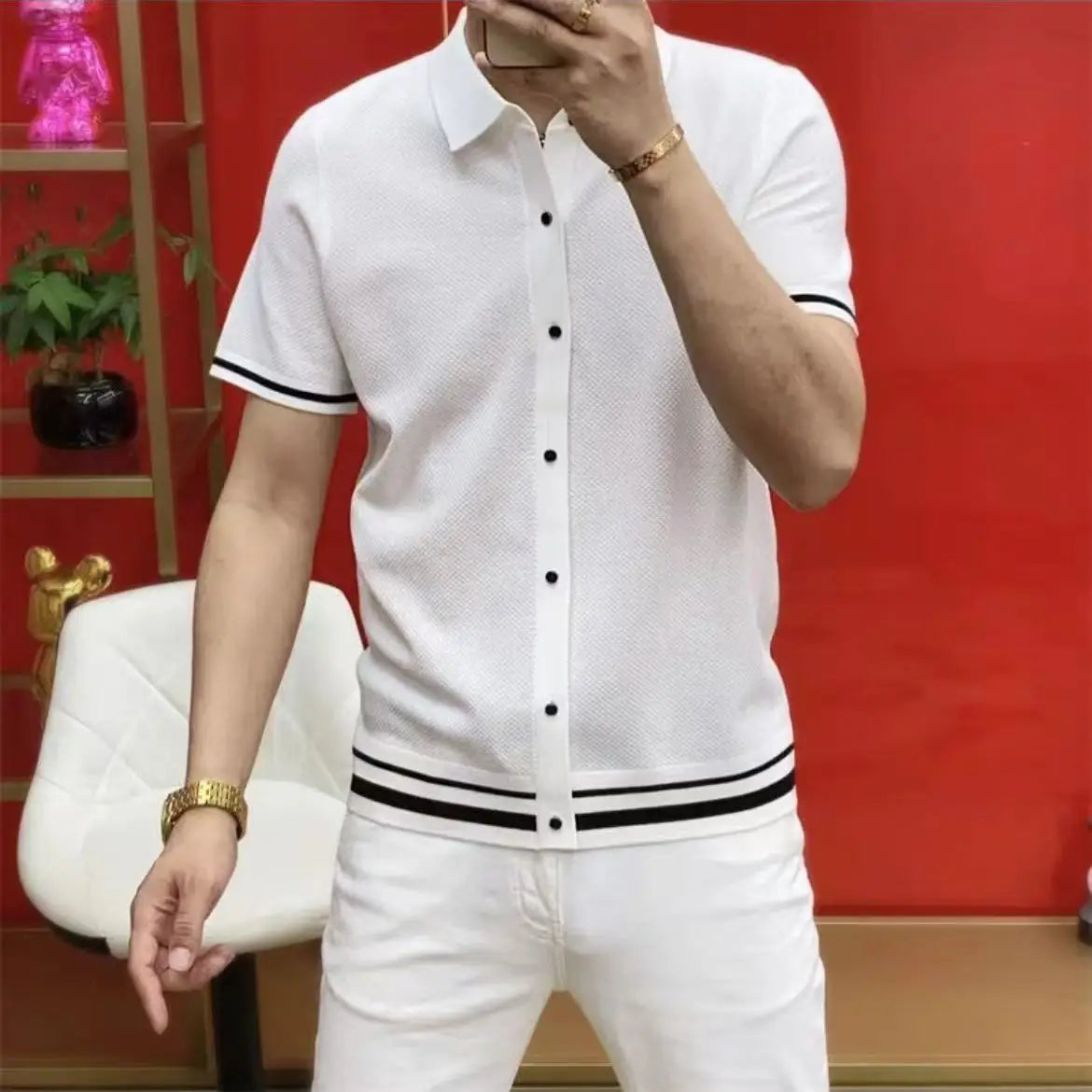 Light Lluxury Solid Patchwork Striped Shirt For Men Fashion Square Collar Short Sleeve Cardigan Tops Summer Slim Fit Polo Shirts