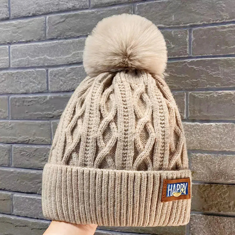 Soft Thick Knitted Beanies Cap With Hairball Winter Warm Lining Velvet Woolen Hat Fashion Twist Weaving Outdoor Causal Women Hat