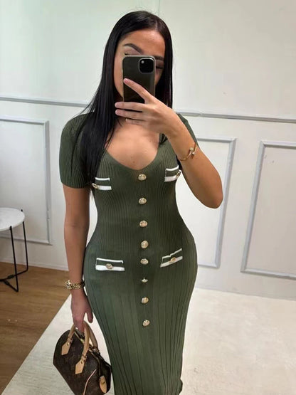 Elegant Knitted Long Single Breasted Bodycon Dress