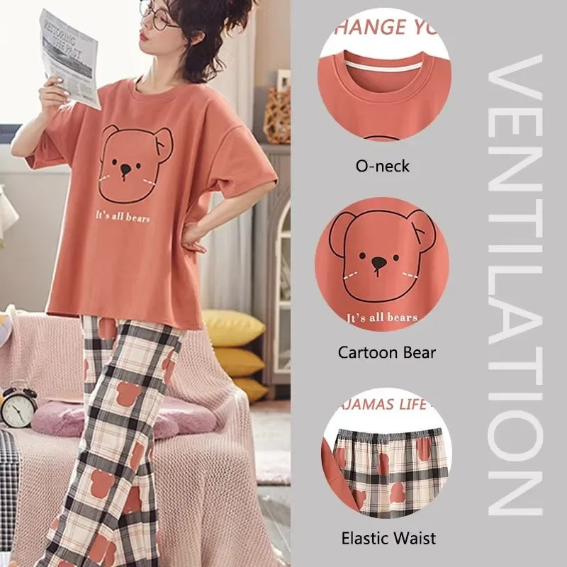 Women’s Pajamas Set Korean Version of the Autumn and Winter Cartoon Bear Christmas Sleepwear Long Sleeve Trousers 2 Piece Set