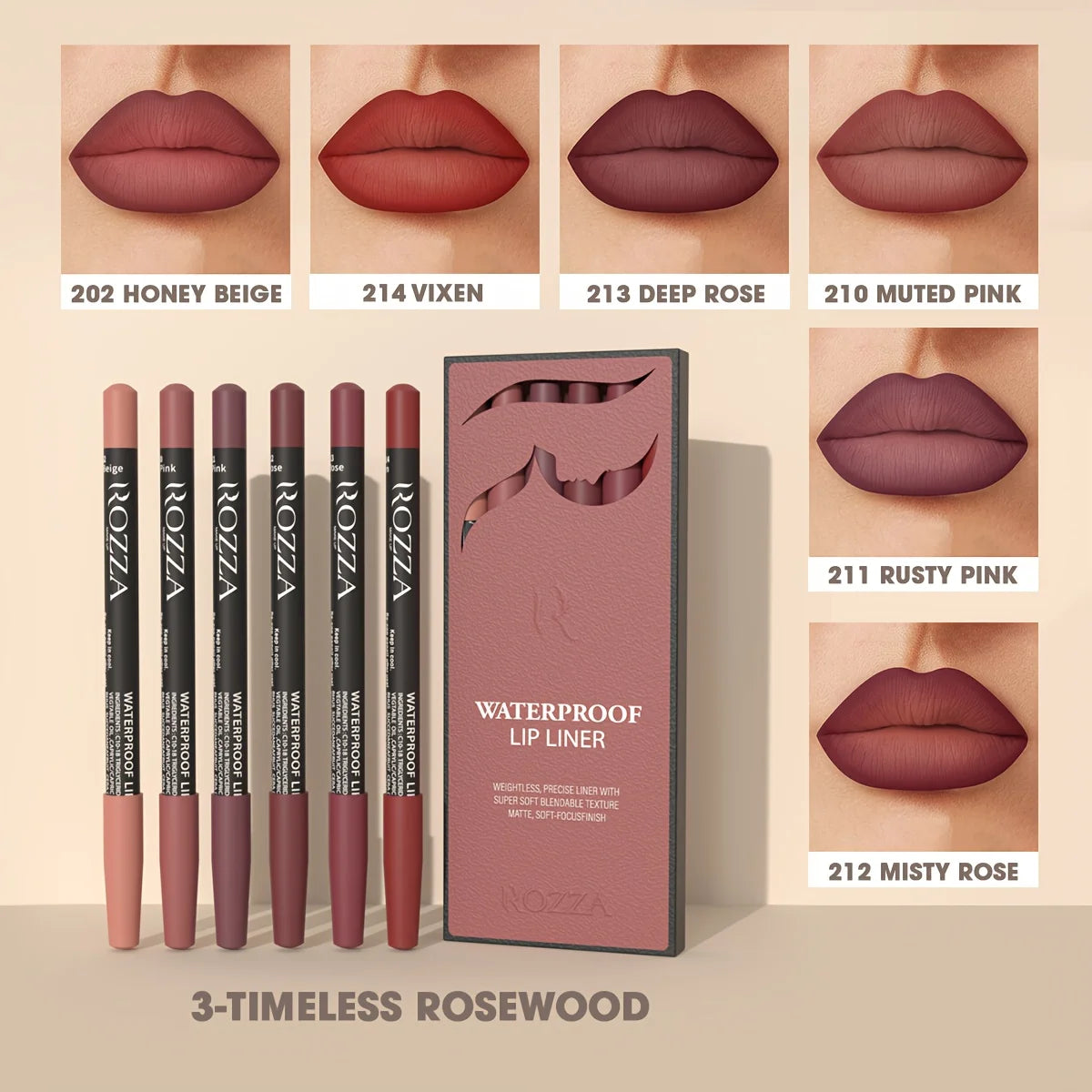 6pcs ROZZA Nude Lip Liner Set - Water-Resistant, Matte Finish Crayon Lip Pencils Non-Smudging & Easy-to-Apply