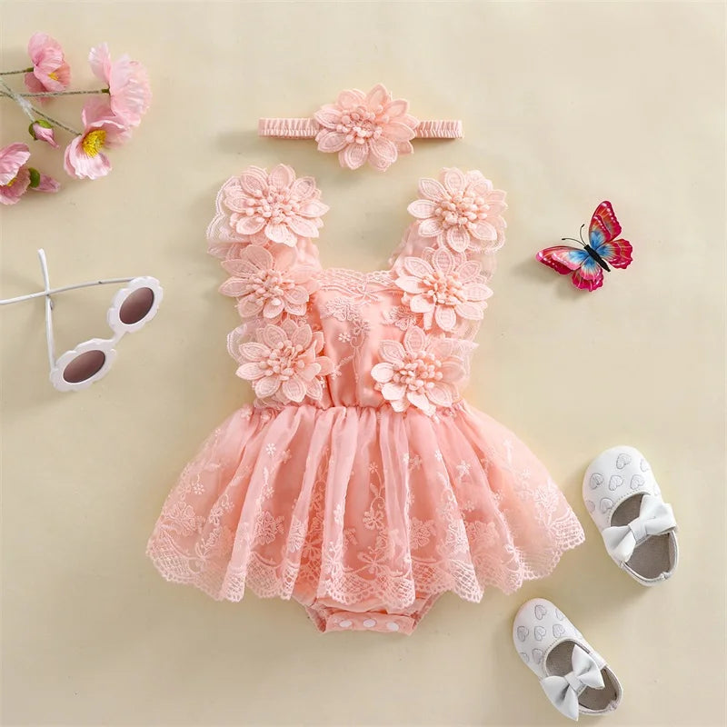 Pudcoco Infant Newborn Baby Girl Summer Outfit, Flower Embroidery Tie-Up Mesh Romper Dress Bow Headband 2 Piece Set 0-24M