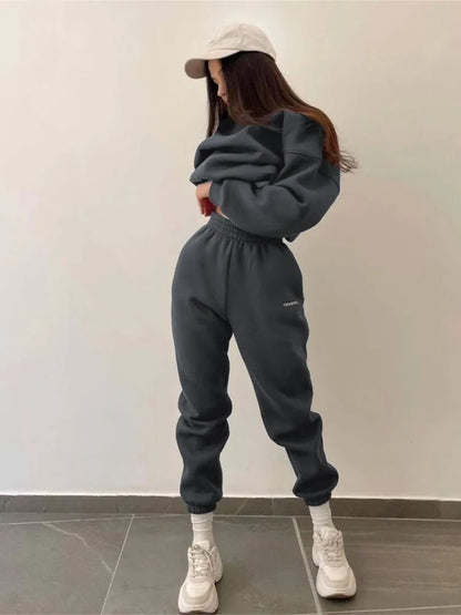 Autumn And Winter New Casual Sports Women's Suit Fashion Solid Color Simple Warm Pants Hoodie Female 2 Piece Set 2024