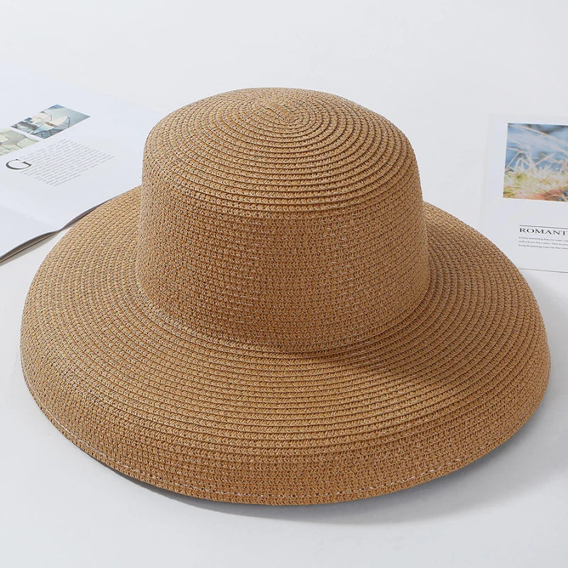 2024 New Summer Sun Hats Ladies Solid Plain Elegant Wide Brim Hat Female Round Top Panama Floppy Straw Beach Hat Women лето