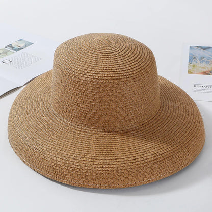 2024 New Summer Sun Hats Ladies Solid Plain Elegant Wide Brim Hat Female Round Top Panama Floppy Straw Beach Hat Women лето