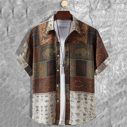 Autumn Ethnic Style Graphic 3D Print Holiday Button Men Clothing Luxury Men's Shirt Casual Short Sleeve Retro Shirt Man Top