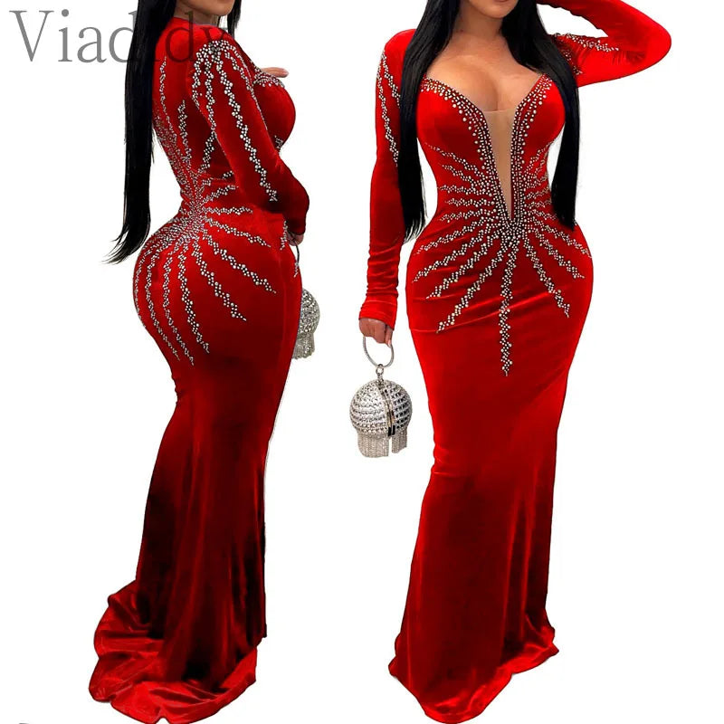 Women Sexy Velvet Mesh Rhinestone V-Neck Floor-Length