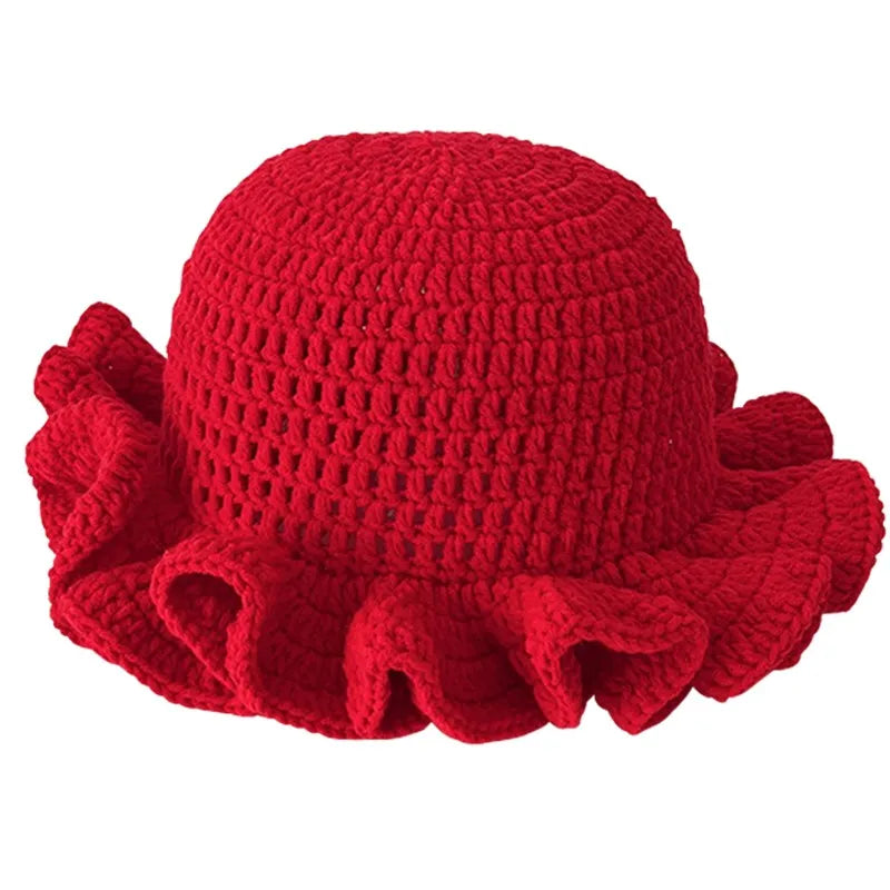 Handmade Crochet Knitted Hats Women Girl Crochet Scallop Ruffle Edge Knit Bucket Caps Adult Trendy Rainbow Striped Beach Sun Hat