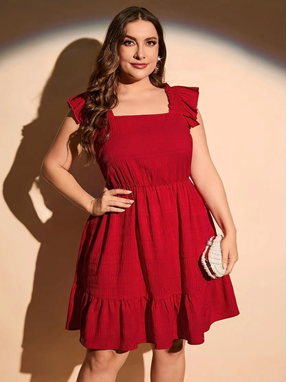 Plus Size Summer Women Elegant Dress Casual Vacation Vintage Solid Square Collar Ruffle Dresses