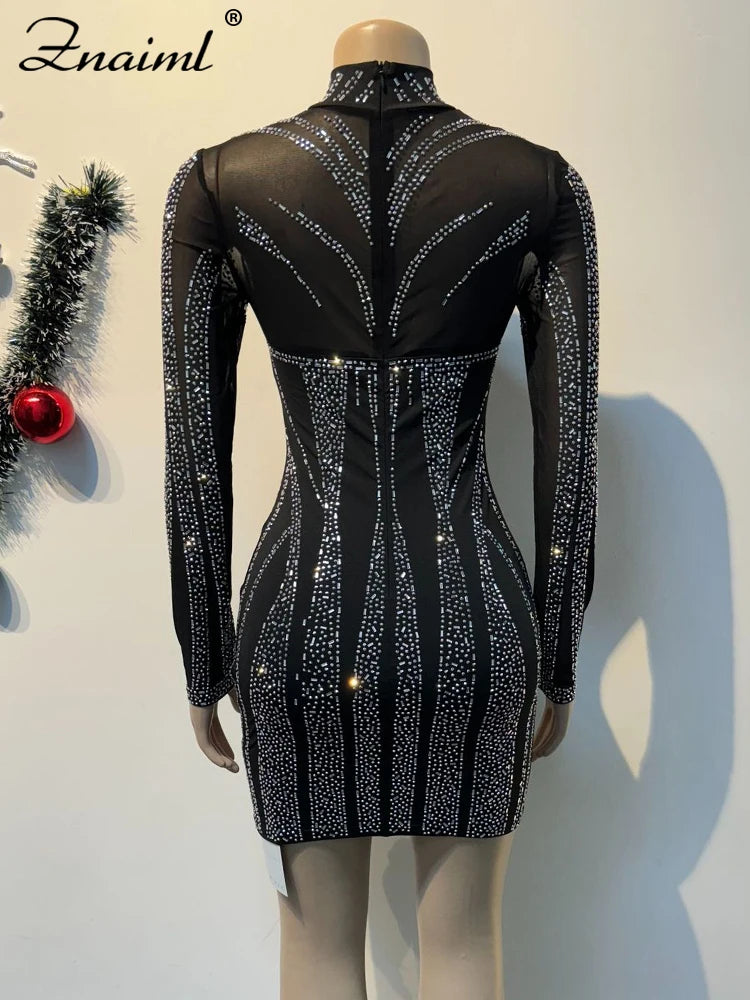 Sexy Skinny Wrap Hip Evening Dress Women Mesh See Through Long Sleeve Rhinestone Hot