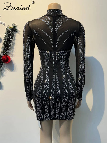 Sexy Skinny Wrap Hip Evening Dress Women Mesh See Through Long Sleeve Rhinestone Hot