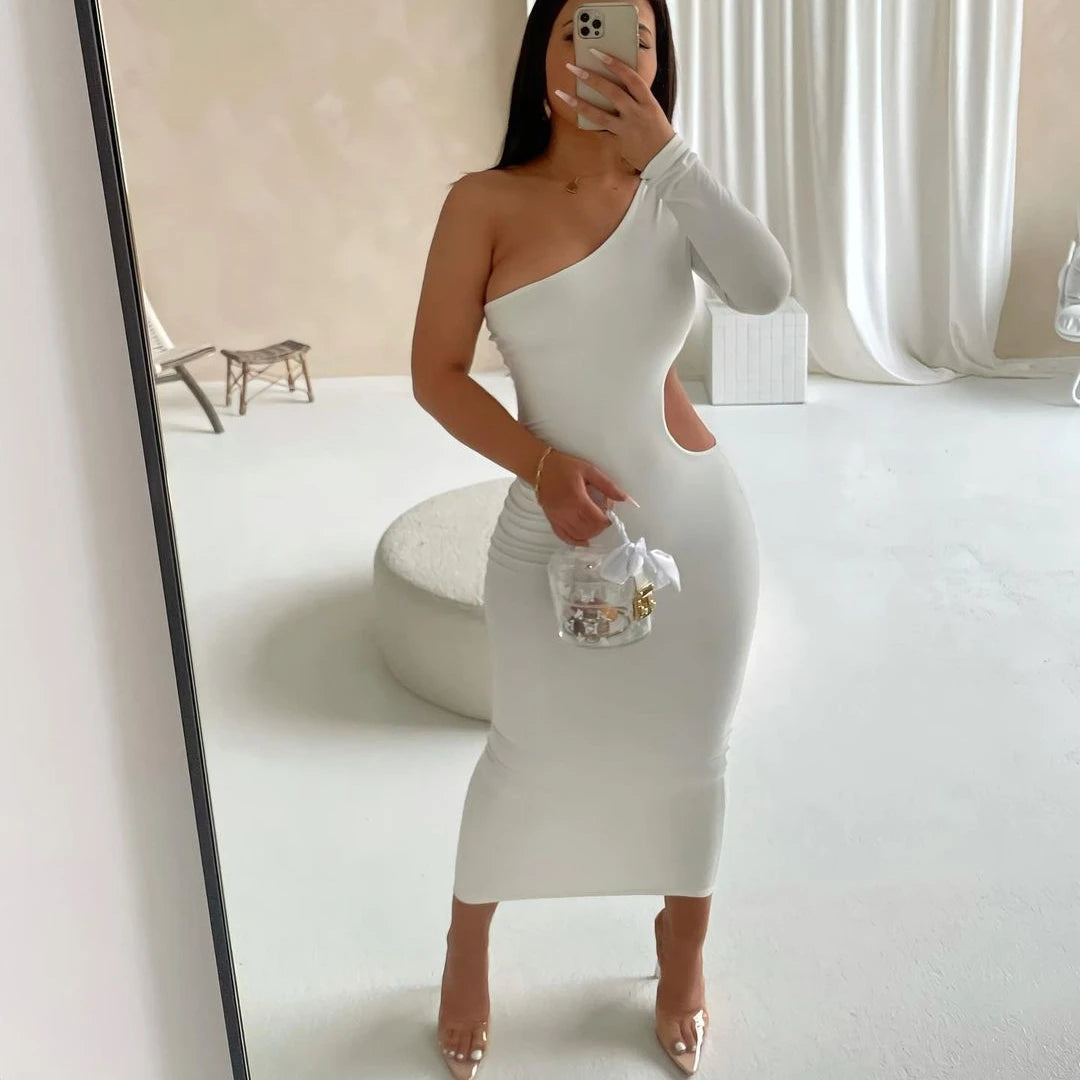 Summer Stylish in One Shoulder Hollow Out Asymmetrical Casual Bodycon Evening Elegent Dresses Woman