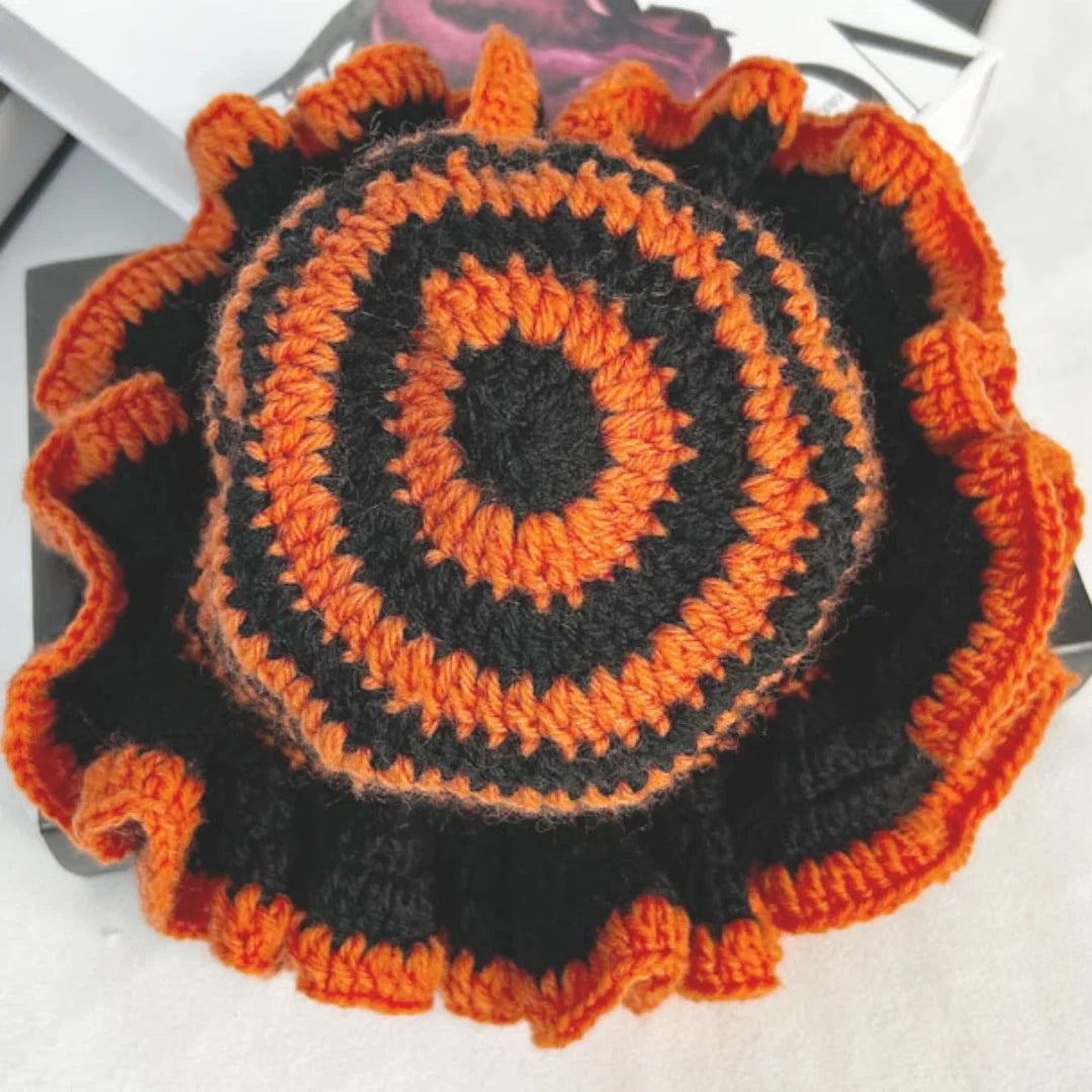 Handmade Crochet Knitted Hats Women Girl Crochet Scallop Ruffle Edge Knit Bucket Caps Adult Trendy Rainbow Striped Beach Sun Hat