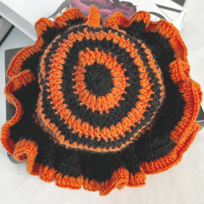 Handmade Crochet Knitted Hats Women Girl Crochet Scallop Ruffle Edge Knit Bucket Caps Adult Trendy Rainbow Striped Beach Sun Hat