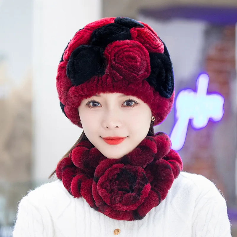 2025 Hot Sale Women Winter Fur Hat Scarf Sets Natural Warm Real Rex Rabbit Fur Cap Scarves Lady Knitted Genuine Fur Hats Muffler