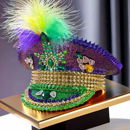 Mardi Gras Hat Chicken Feather Rhinestone Hen Do Hat Festival Captain Hat Steampunk Sergeant Headwear Music Festival Masquerade
