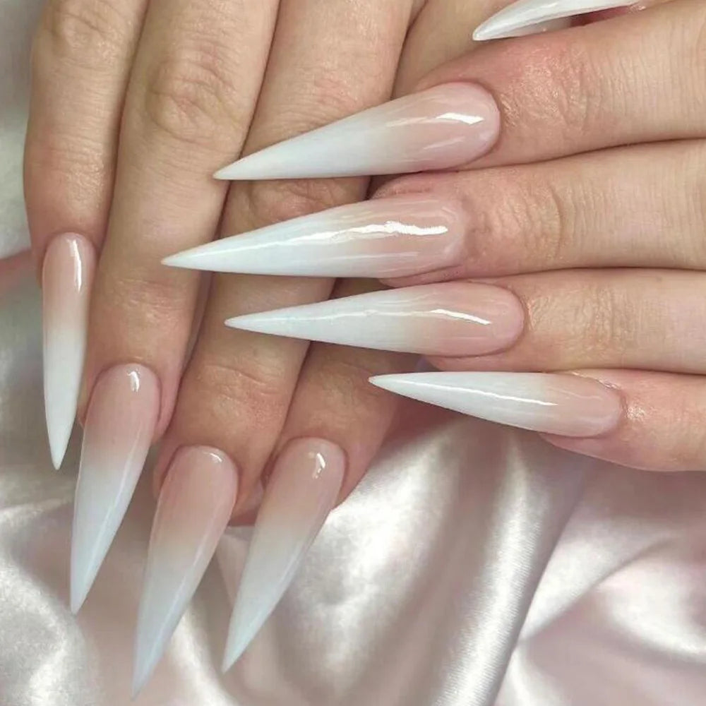 24 Pcs Glossy Long Stiletto Press On Nails Gradient Nude And White False Nails Reusable Fake Nails For Women Girls