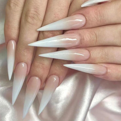 24 Pcs Glossy Long Stiletto Press On Nails Gradient Nude And White False Nails Reusable Fake Nails For Women Girls