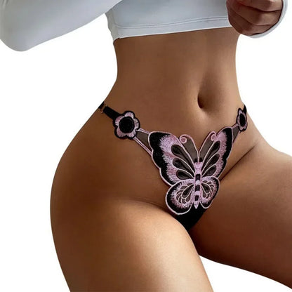 Sexy Butterfly Embroidery G-String Women's High Quality New Panties Adjustable Waistband Solid Color Thongs Mesh Erotic Lingerie