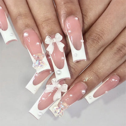 Pipe Nail French Stereo Bear Bow Pearl Manicure Fake Nails