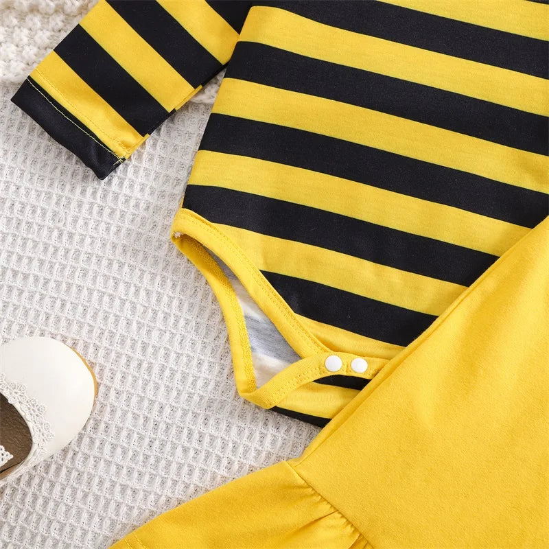 Cute Baby Girls 3 Pieces Sets Striped Long Sleeve Romper Bee Patch Long Flare Overalls Hair Band Outfits Costume