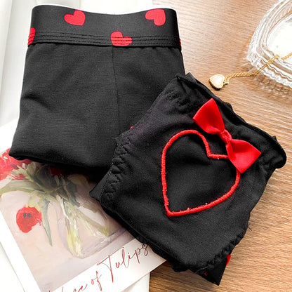 Couple Sexy Love Heart Briefs Bow Mid Waist Mesh Breathable Comfortable Knicker Men Boxer Shorts Boyfriend Girlfriend Underwear