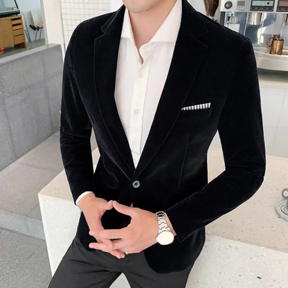 Spring Velvet Men Blazer Solid Color Temperament Suit Jacket Turndown Collar Long Sleeve Slim Fit Single Button Velvet Suit Coat