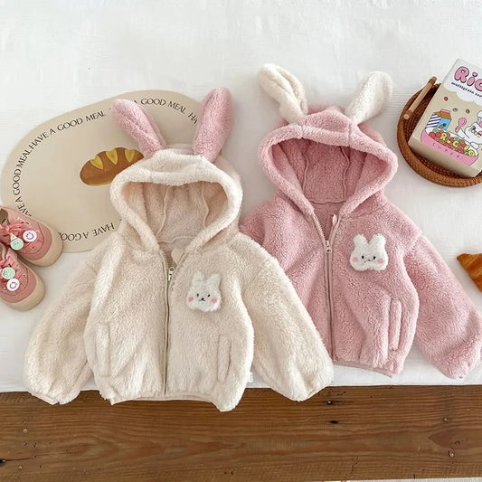 Cute Rabbit Ears Plush Baby Jacket Sweet Princess Girls Coat Autumn Winter Warm Hooded Outerwear Toddler Girl Clothes