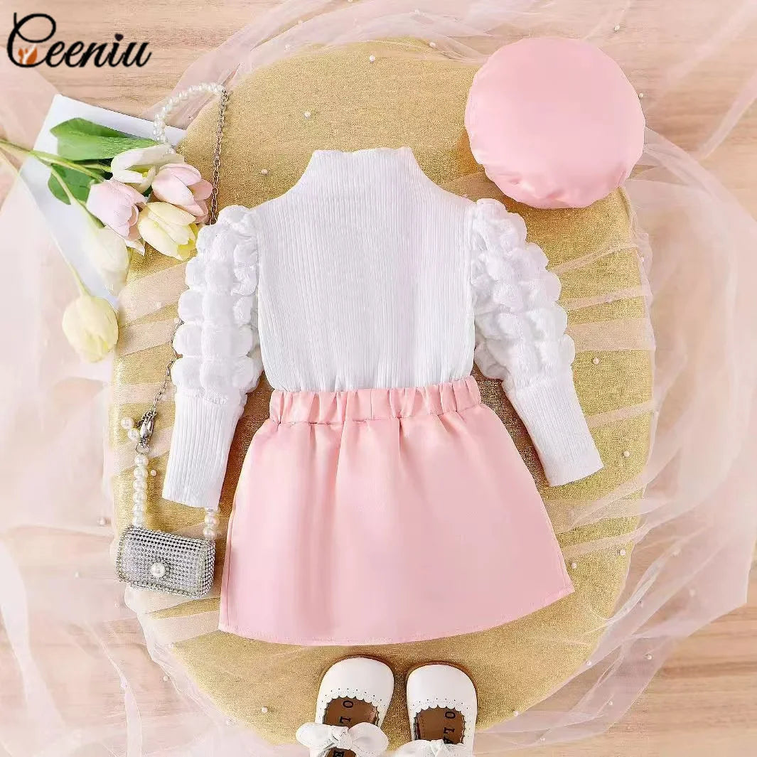 Ceeniu 0-3Y Baby Pink Heart Outfit Long Sleeve High Neck Pink Rose Top and Bow Skirt+Hat 3pcs Toddler Clothing Sets For Girl