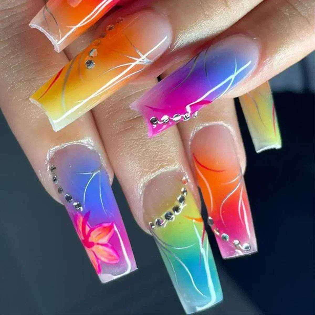 24Pcs wearable False Nails Long Coffin Press on Nails with Rhinestone colorful Flower Design Ballet artificial Fake Nails tips