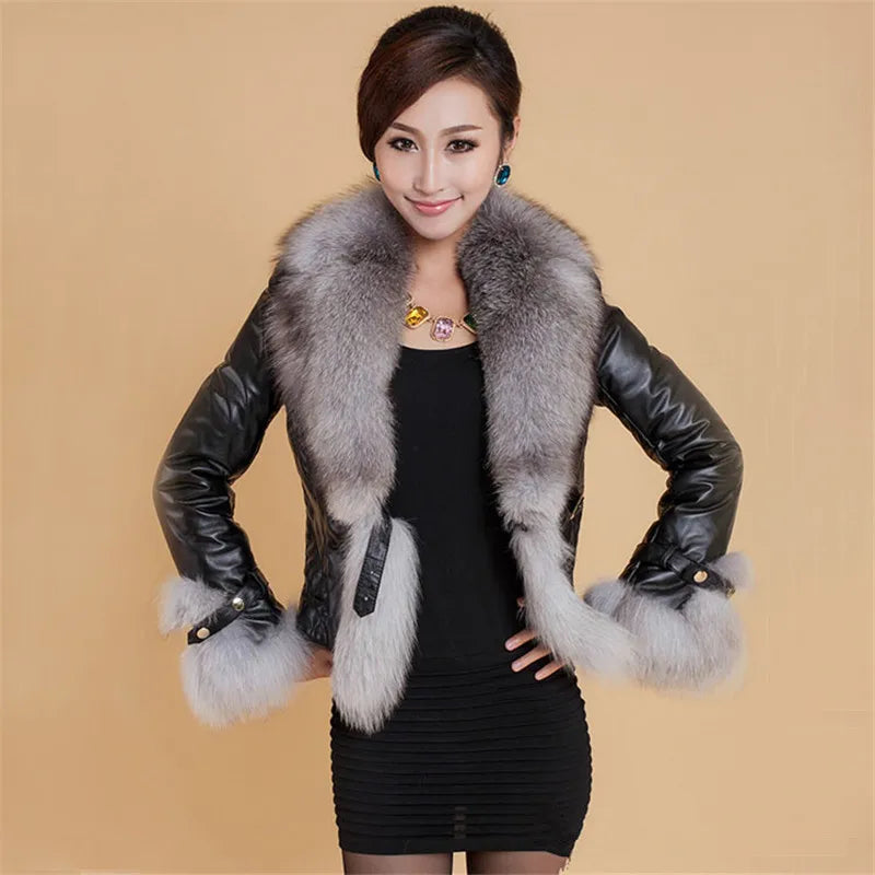 Leather Jacket Women Coat Faux Fox Fur Collar Short Coat PU Leather New Winter Female Jacket Elegant Motorcycle Zipper Outerwear