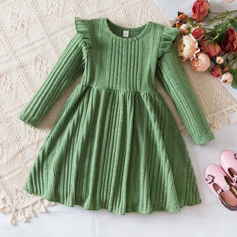 Girls Knit Dress for Autumn Winter Long Sleeve Kids Princess Dress Solid Fashion Baby Girls Casual Fall Clothes 2 to 6Years