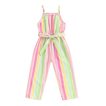 Pudcoco Kids Girls Romper Jumpsuit Stripe/Contrast Color/Floral Sleeveless Spaghetti Strap Overalls Toddler Clothes Belt 1-6T