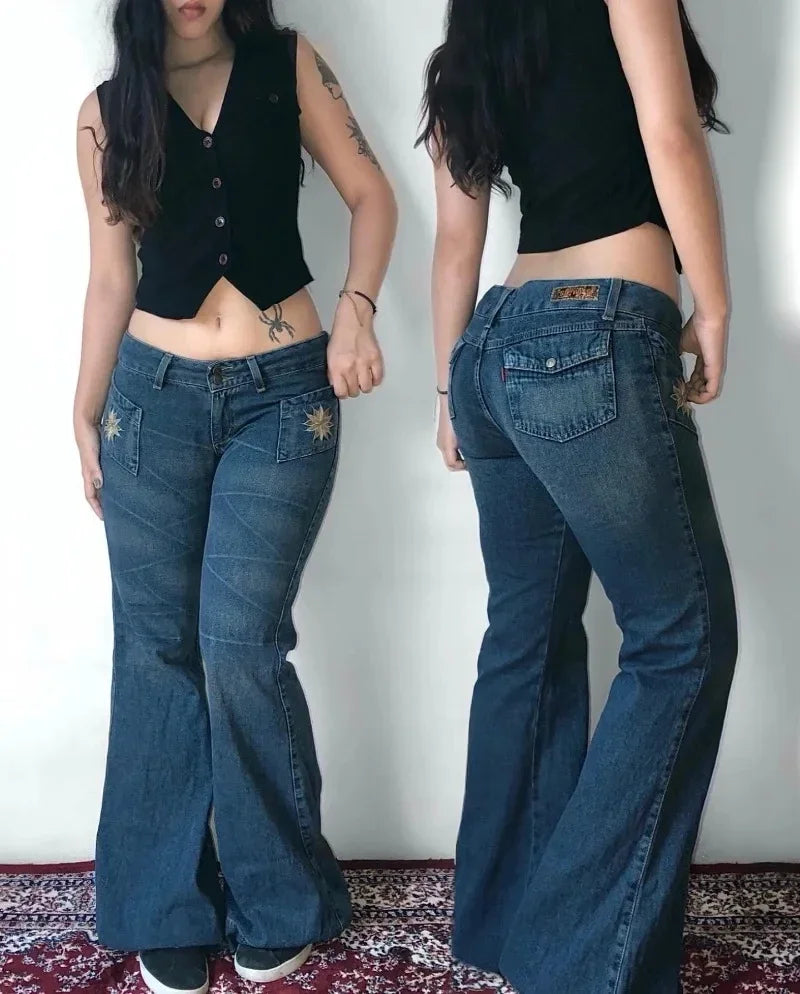 American New Fashion Pattern Embroidery Washing Old Baggy Jeans Men Y2K Harajuku Vintage High Waist Wide Leg Denim Trousers