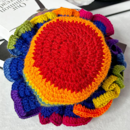 Handmade Crochet Knitted Hats Women Girl Crochet Scallop Ruffle Edge Knit Bucket Caps Adult Trendy Rainbow Striped Beach Sun Hat