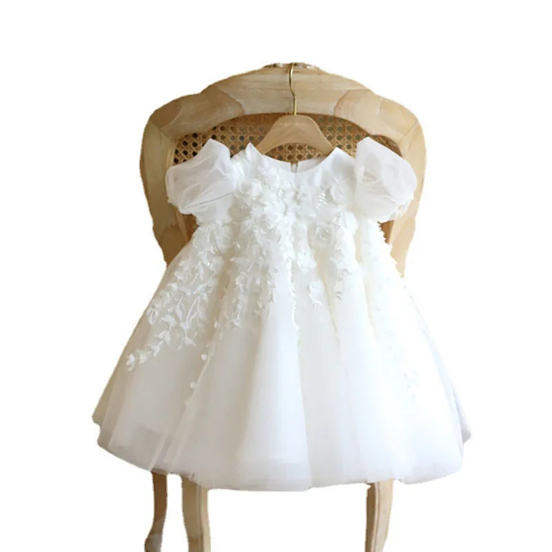 Princess Flower Girl Dress For Wedding White Tulle Applique Puffy With Bow Cute Kids Baby Pageant Birthday Party Dress Ball Gown