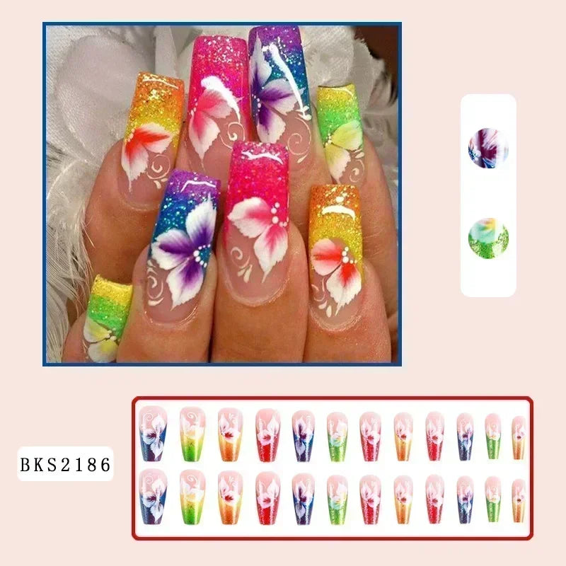 24Pcs wearable False Nails Long Coffin Press on Nails with Rhinestone colorful Flower Design Ballet artificial Fake Nails tips