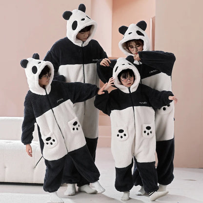 Parent-Child Outfit Pijamas Jumpsuits Kawaii Cartoon Panda Women Men Sleepwear Hoodies Winter Thicken Pajamas Onesie Pyjamas