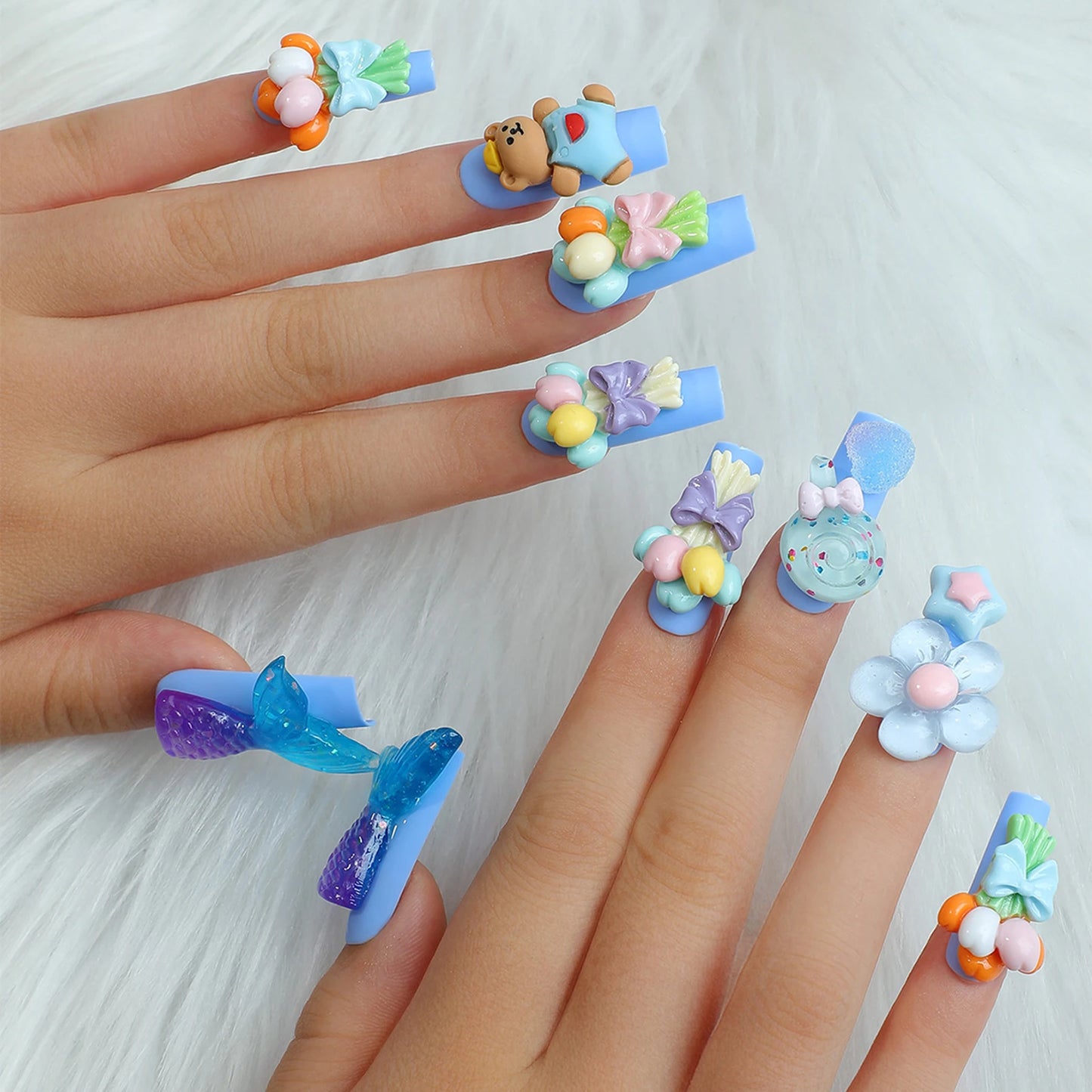 24pcs Aquarium Starfish Shell Design False Nails Summer Sea Long Ballet Press on Nails Full Cover Wearable Fake Nail Patches