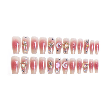 24pcs/box Luxury Pink Long Coffin Fake Nails Y2K Moon Star Rhinestones Press On Nails Handmade Full Cover Reusable False Nails