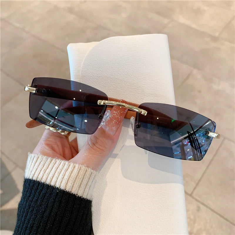 KAMMPT Rimless Sunglasses For Men Women Wooden Pattern Luxury Brand Retro Sun Glasses Fashion Shades UV400 Travel Outdoor