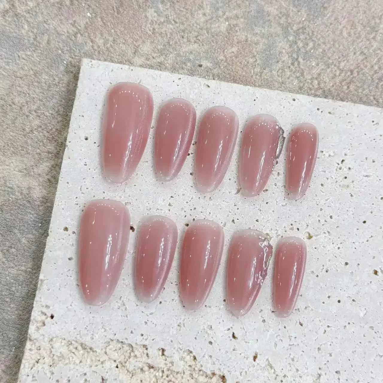 10Pcs Handmade Almond Press on Nails Medium Moonlight Pink Nail Aurora French Simple False Nails Tip Full over Fake Nails Y2k