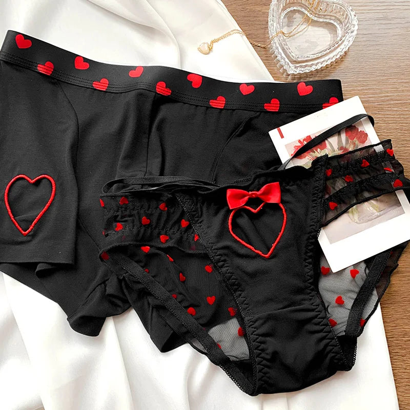 Couple Sexy Love Heart Briefs Bow Mid Waist Mesh Breathable Comfortable Knicker Men Boxer Shorts Boyfriend Girlfriend Underwear