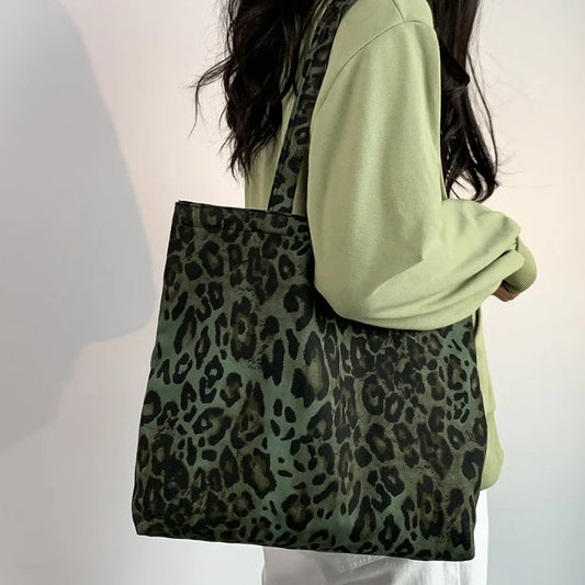 Large Women's Shopping Bag 2024 Summer Ladies Canvas Shoulder Tote Bags Aesthetic Green Leopard Fashion Ecobag Cloth Handbags